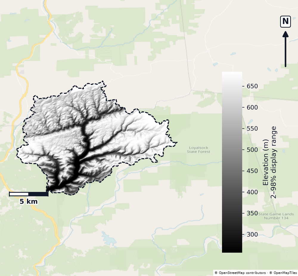 Lower West Branch Susquehanna · Pennsylvania — DEM hillshade, basin mask (same layout as flood-report maps)