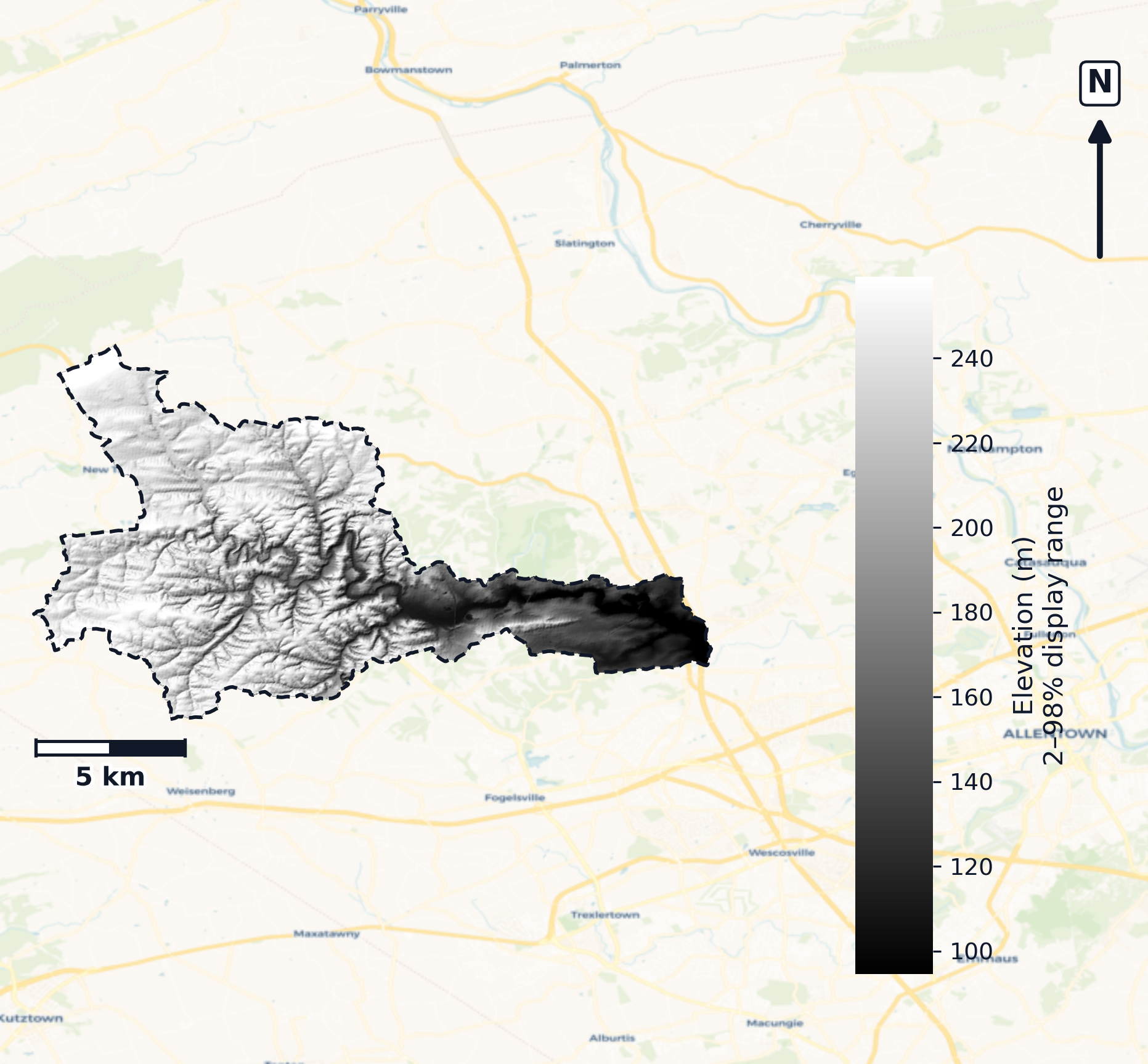Lehigh · Pennsylvania — DEM hillshade, basin mask (same layout as flood-report maps)