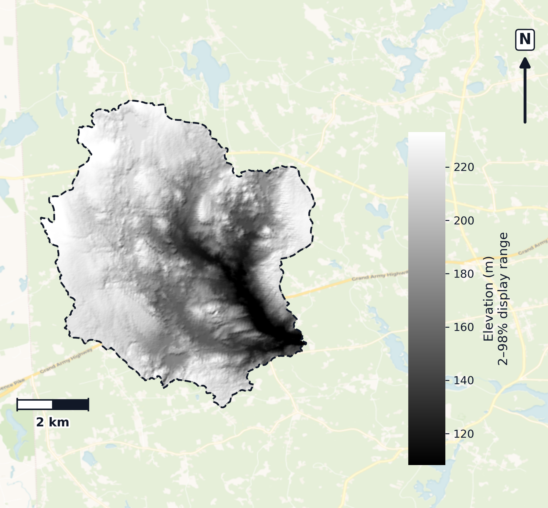 Narragansett · Rhode Island — DEM hillshade, basin mask (same layout as flood-report maps)