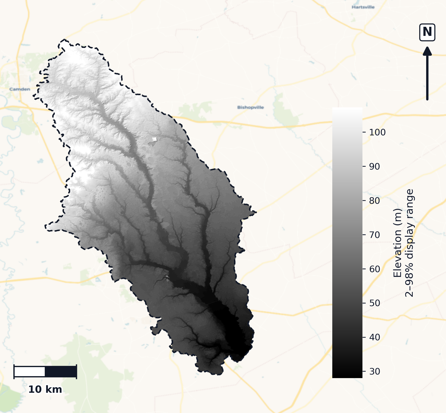 Black · South Carolina — DEM hillshade, basin mask (same layout as flood-report maps)