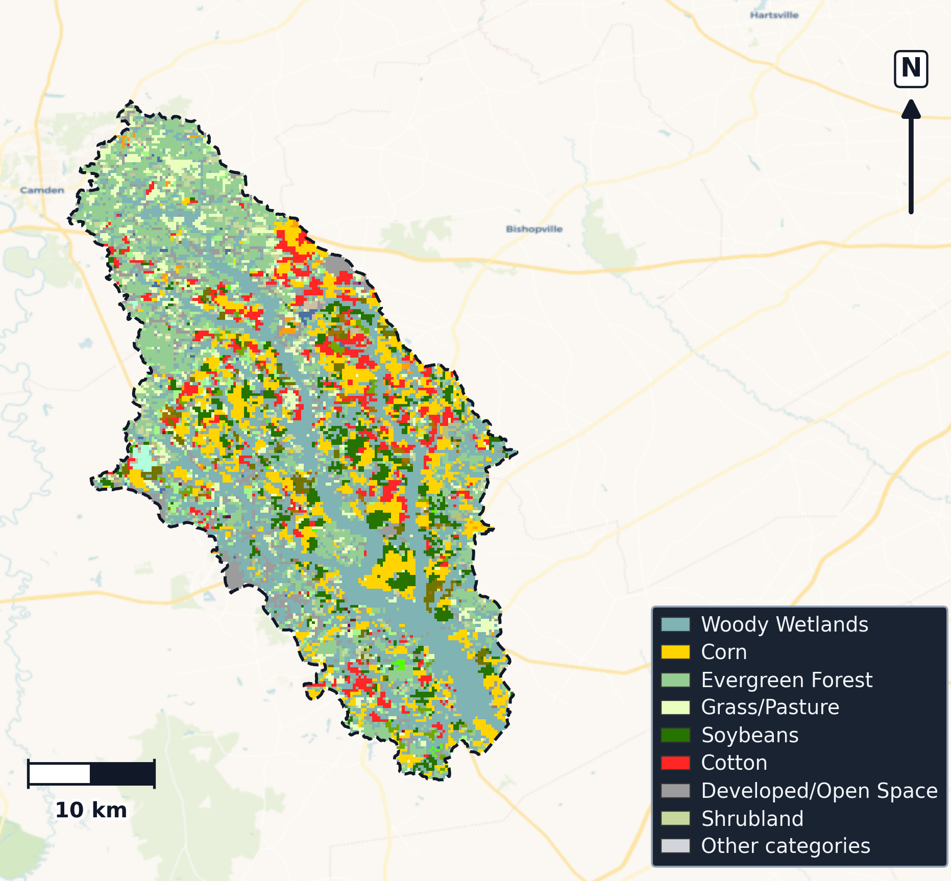 Black · South Carolina — Cropland Data Layer land use, basin clip