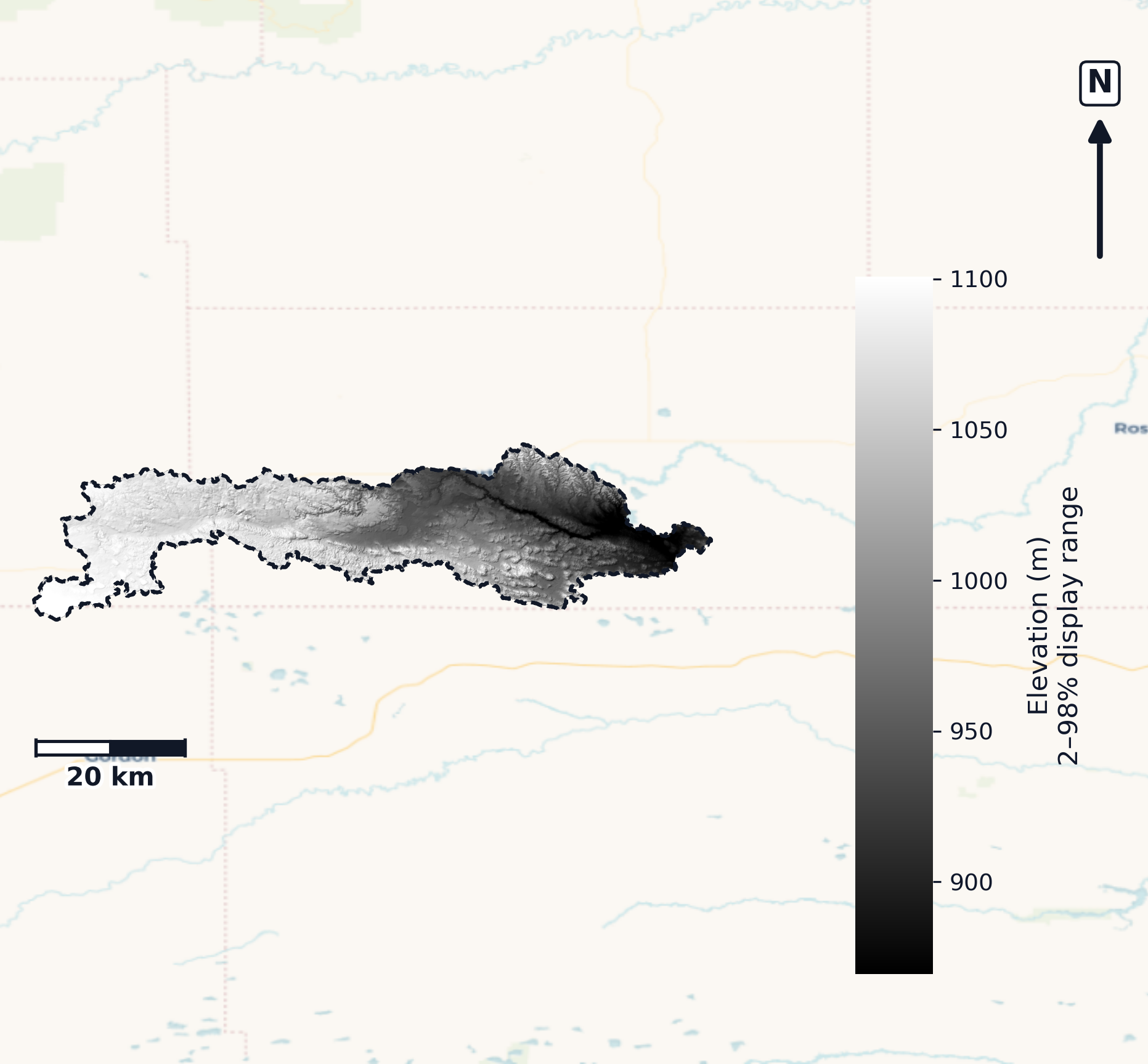 Little White · South Dakota — DEM hillshade, basin mask (same layout as flood-report maps)