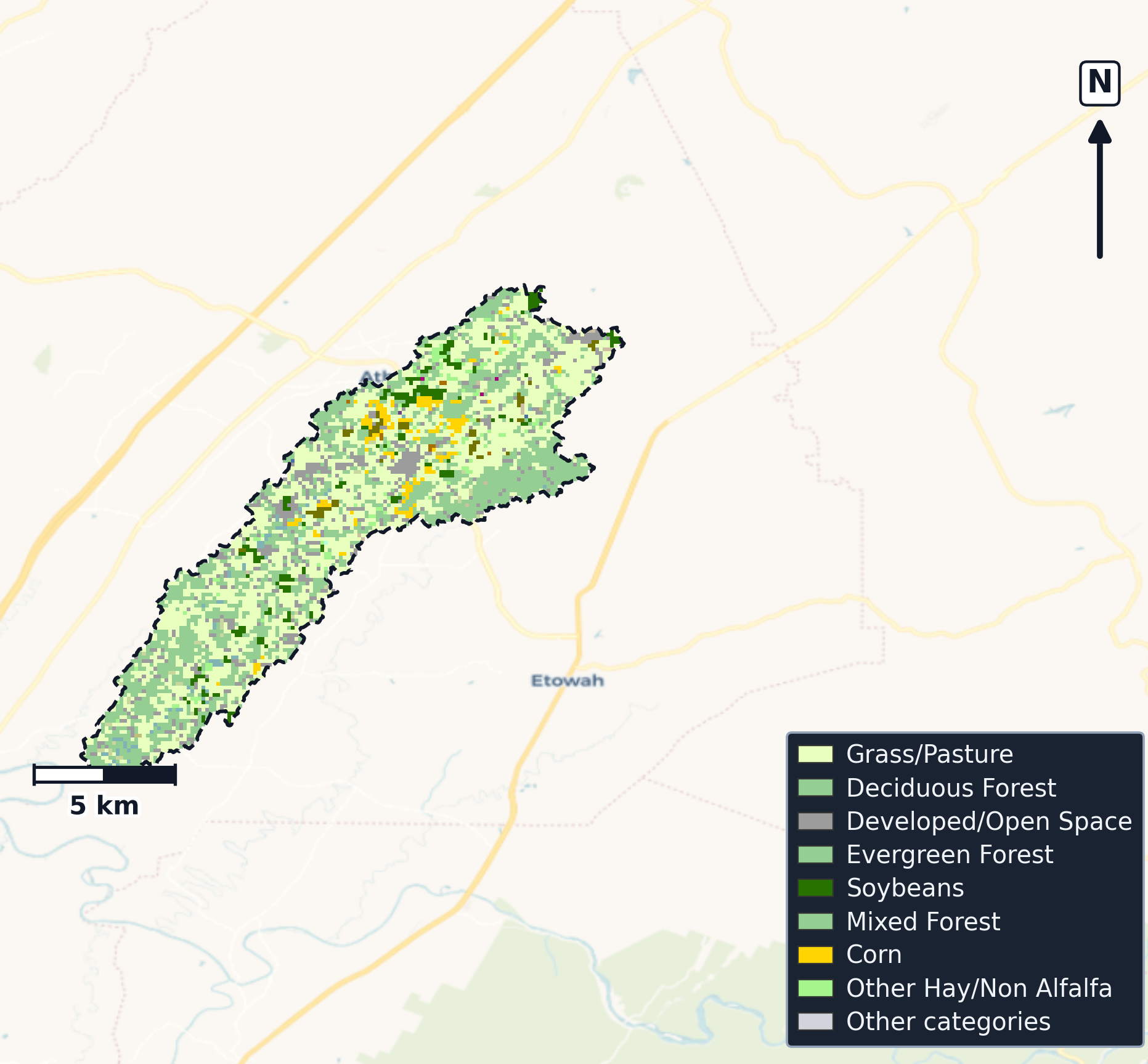 Hiwassee · Tennessee — Cropland Data Layer land use, basin clip
