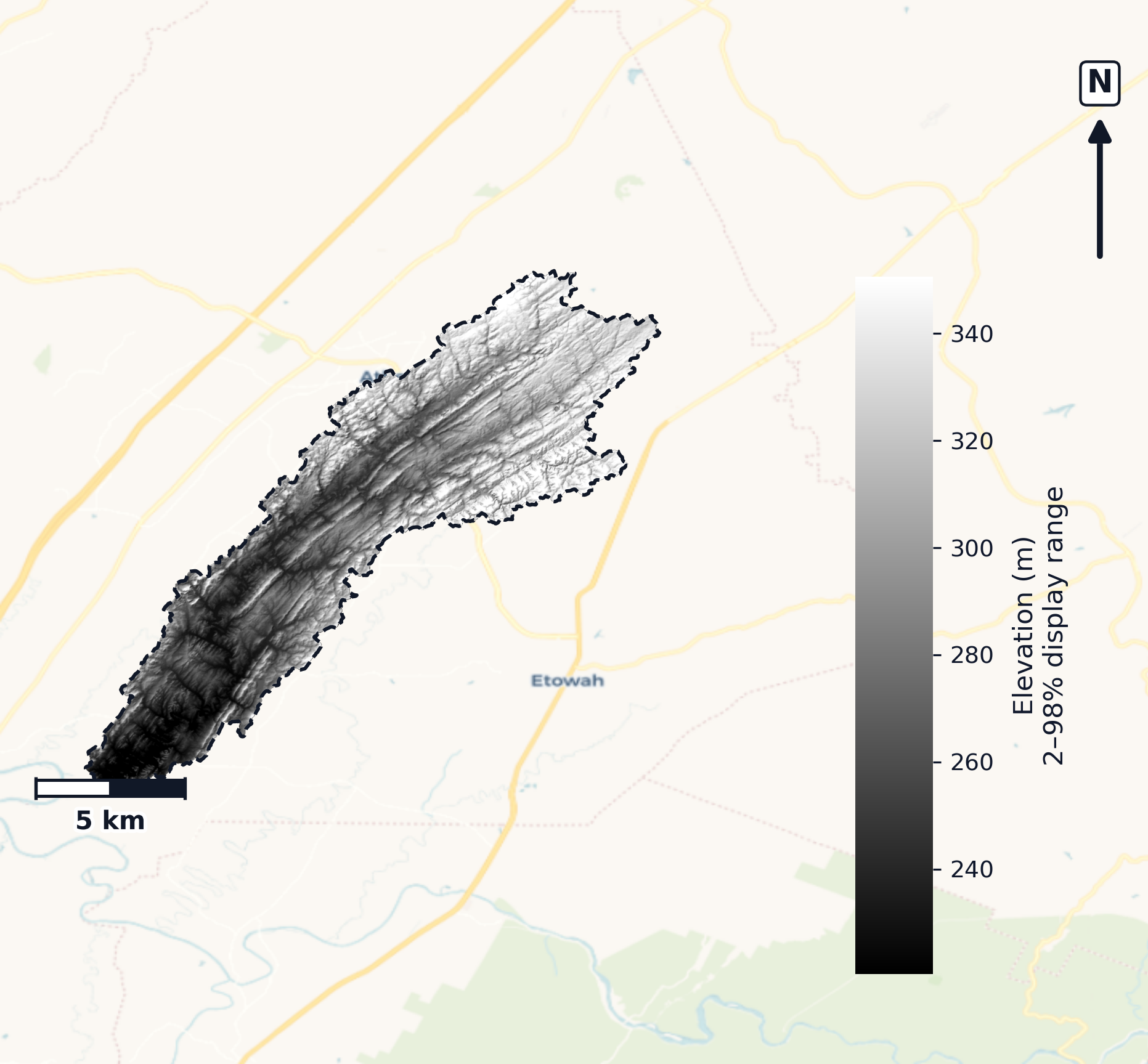 Hiwassee · Tennessee — DEM hillshade, basin mask (same layout as flood-report maps)