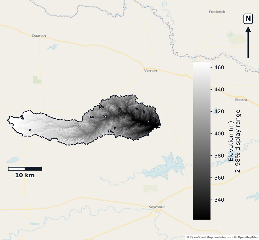 Southern Beaver · Texas — DEM hillshade, basin mask (same layout as flood-report maps)