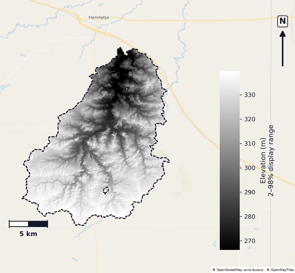 Little Wichita · Texas — DEM hillshade, basin mask (same layout as flood-report maps)