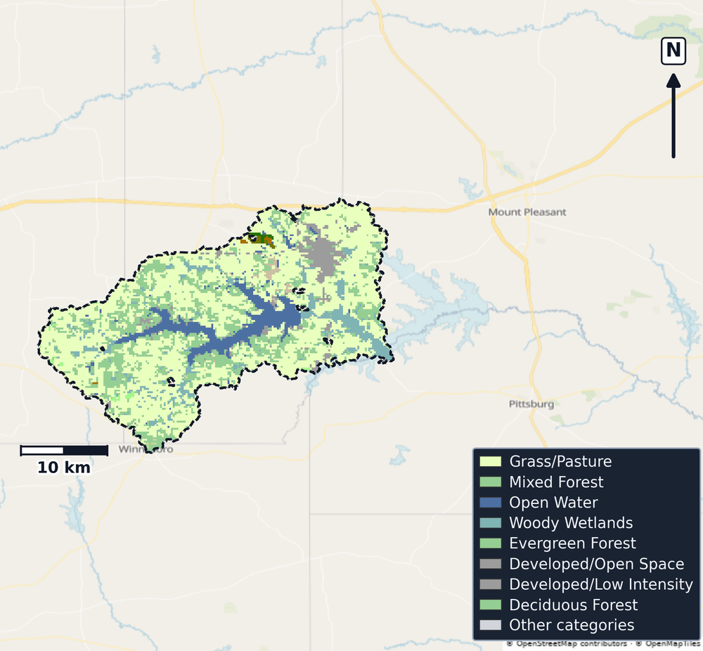 Lake O'the Pines · Texas — Cropland Data Layer land use, basin clip