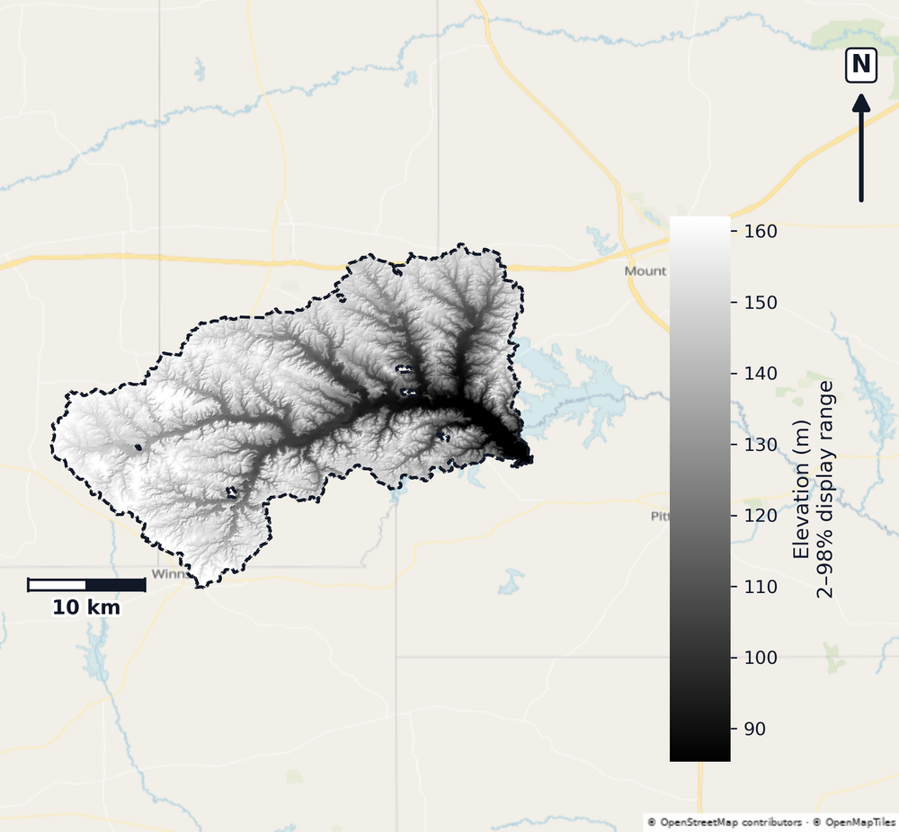 Lake O'the Pines · Texas — DEM hillshade, basin mask (same layout as flood-report maps)