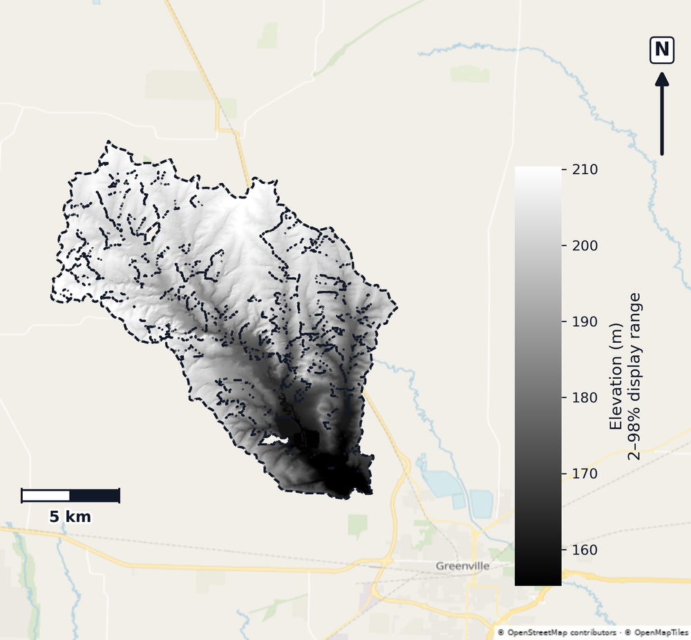 Upper Sabine · Texas — DEM hillshade, basin mask (same layout as flood-report maps)