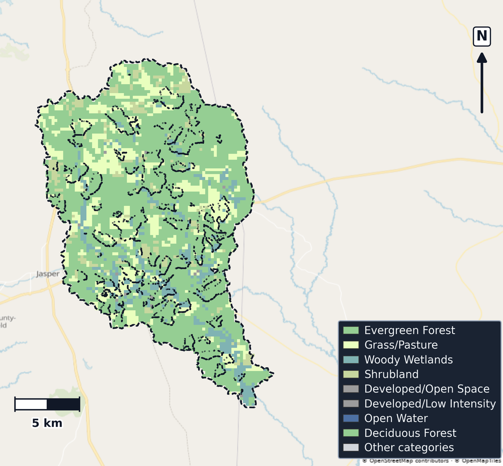Lower Sabine · Texas — Cropland Data Layer land use, basin clip