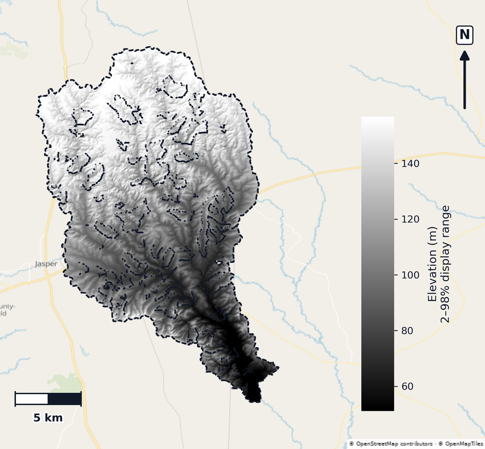 Lower Sabine · Texas — DEM hillshade, basin mask (same layout as flood-report maps)
