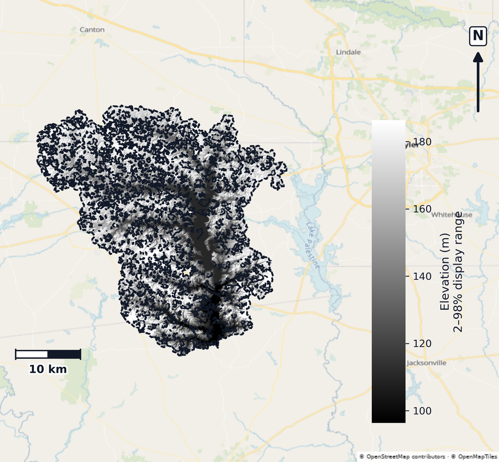 Upper Neches · Texas — DEM hillshade, basin mask (same layout as flood-report maps)