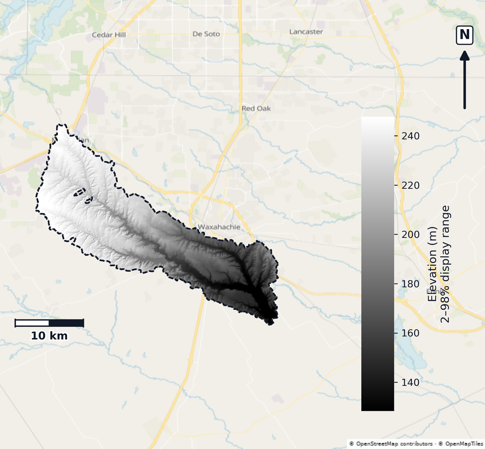 Chambers · Texas — DEM hillshade, basin mask (same layout as flood-report maps)