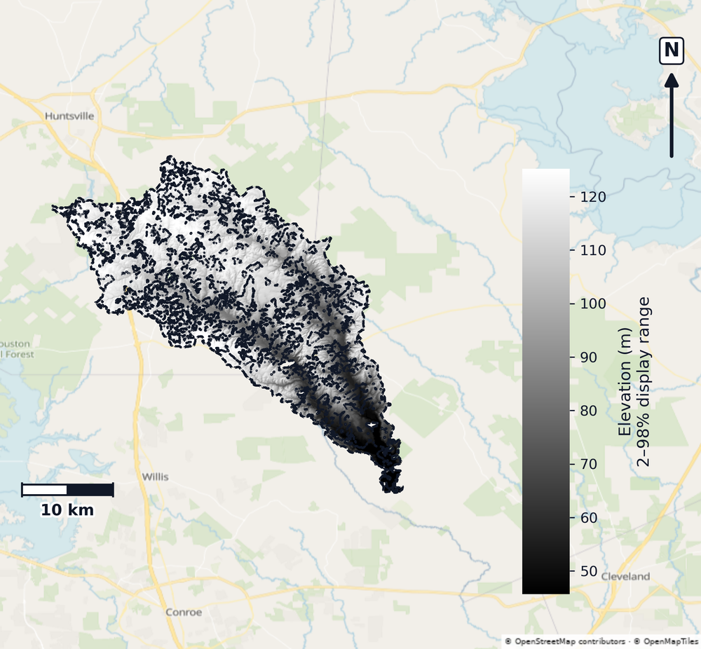 East Fork San Jacinto · Texas — DEM hillshade, basin mask (same layout as flood-report maps)