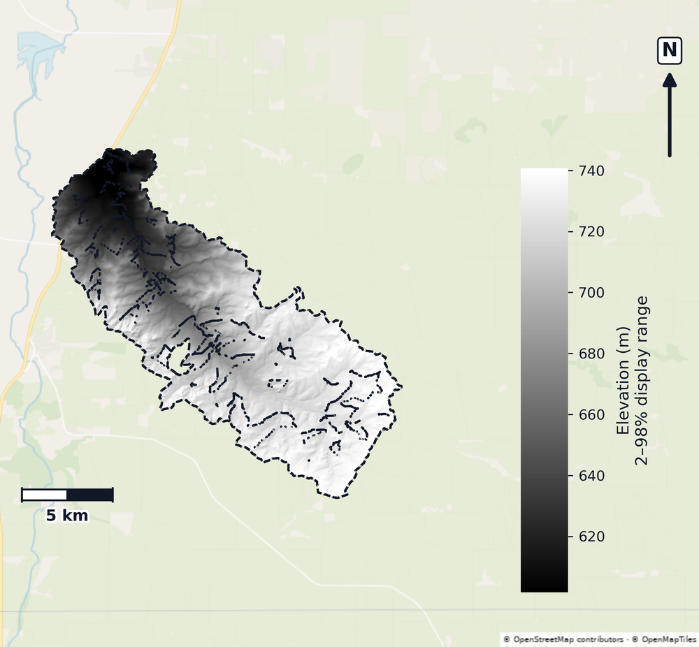 South Concho · Texas — DEM hillshade, basin mask (same layout as flood-report maps)