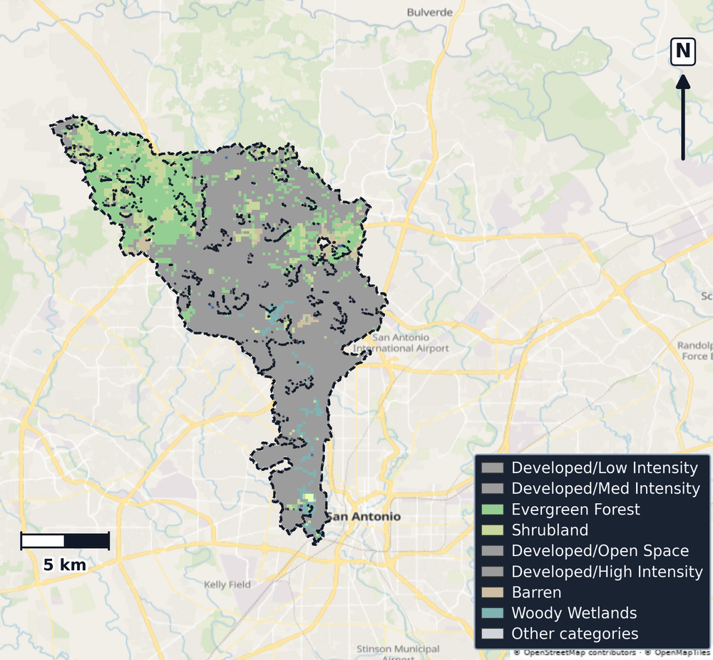 Upper San Antonio · Texas — Cropland Data Layer land use, basin clip