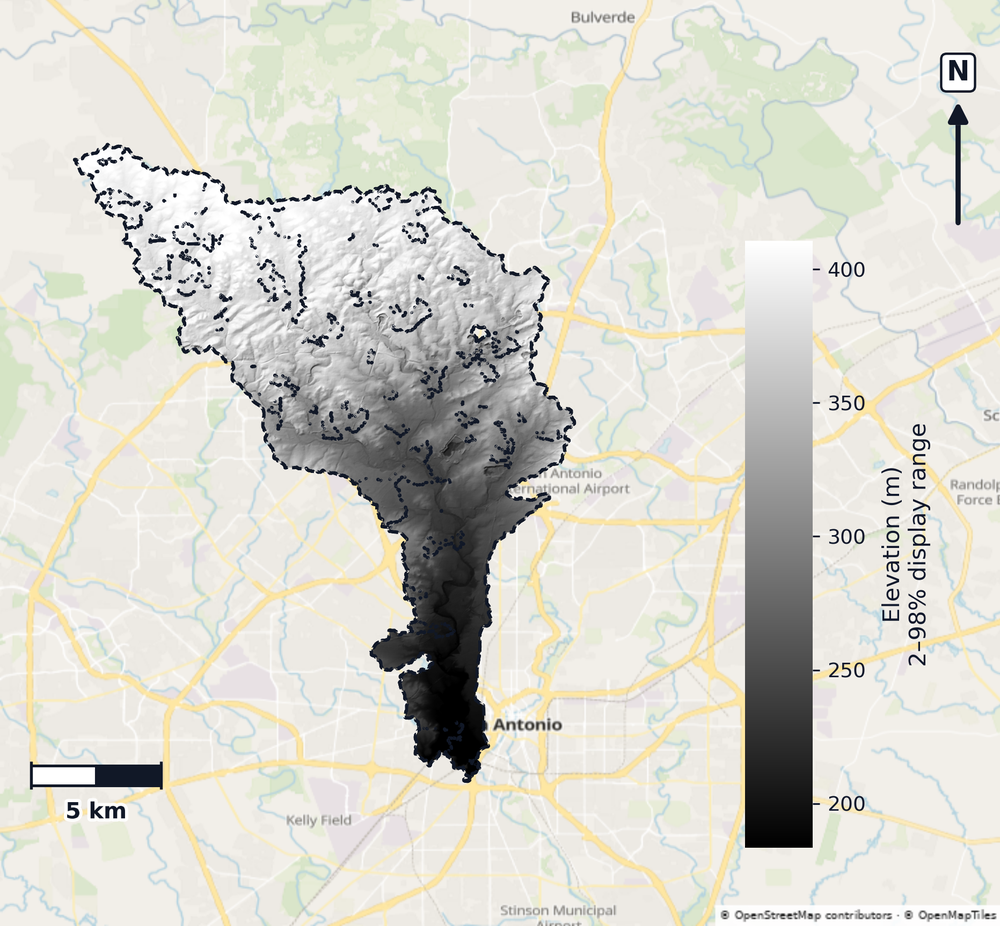Upper San Antonio · Texas — DEM hillshade, basin mask (same layout as flood-report maps)