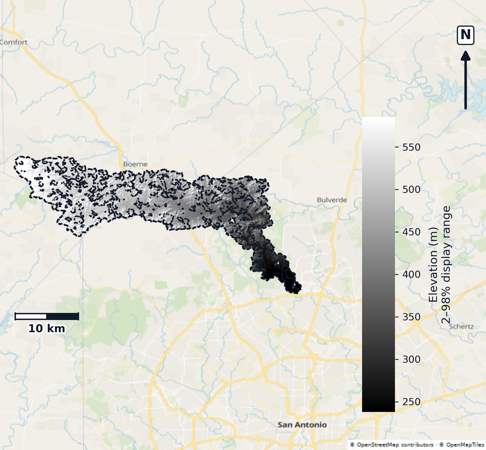 Cibolo · Texas — DEM hillshade, basin mask (same layout as flood-report maps)