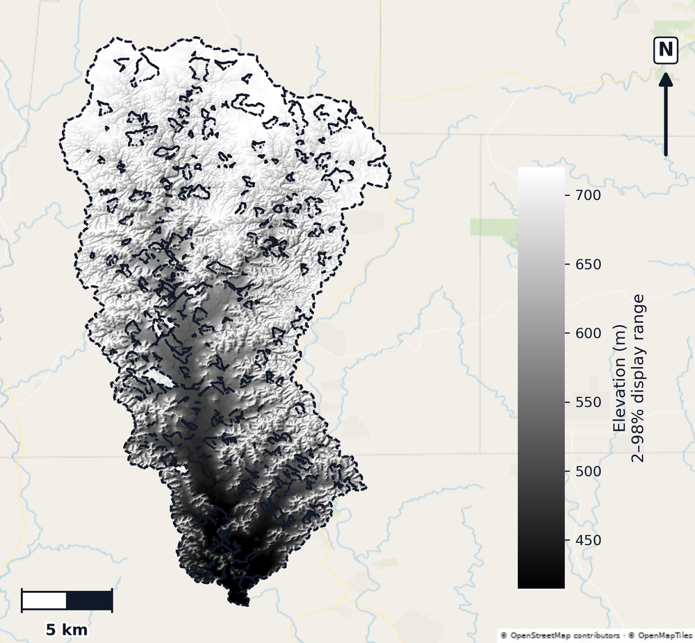 Upper Frio · Texas — DEM hillshade, basin mask (same layout as flood-report maps)