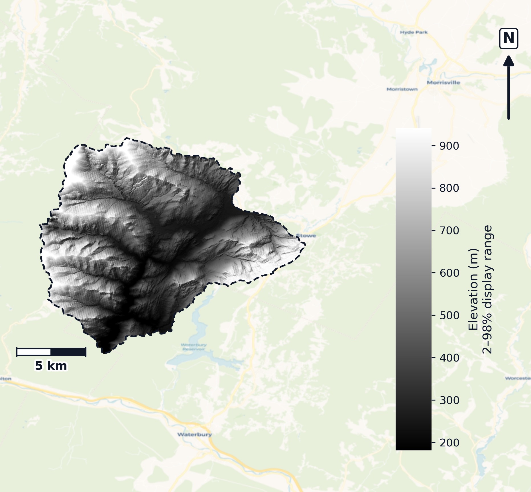 Winooski River · Vermont — DEM hillshade, basin mask (same layout as flood-report maps)