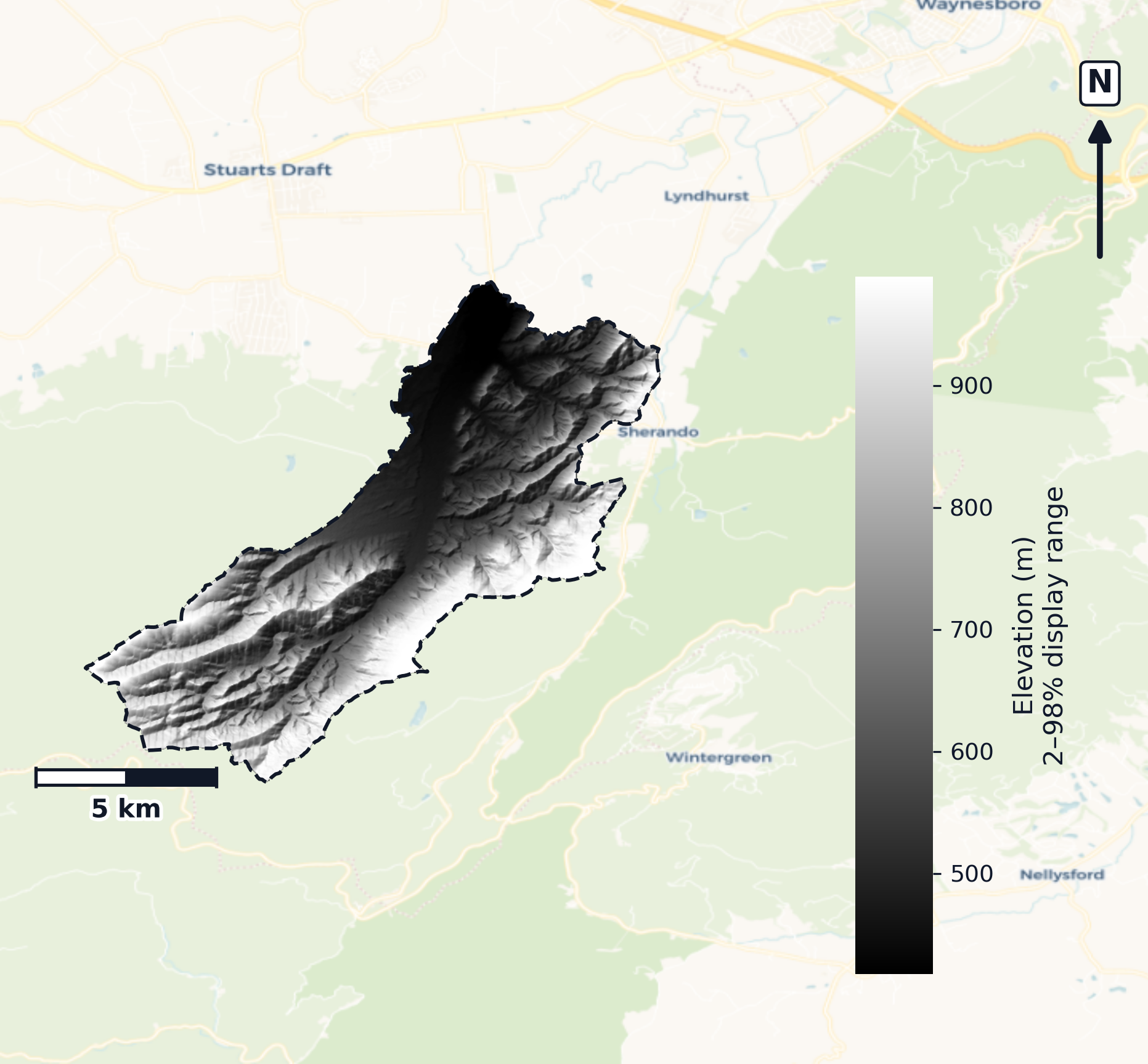 South Fork Shenandoah · Virginia — DEM hillshade, basin mask (same layout as flood-report maps)