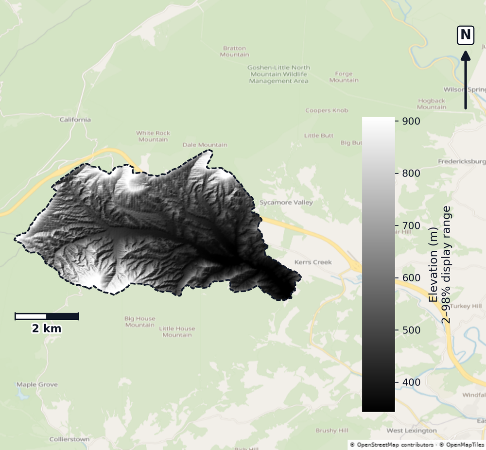 Maury · Virginia — DEM hillshade, basin mask (same layout as flood-report maps)