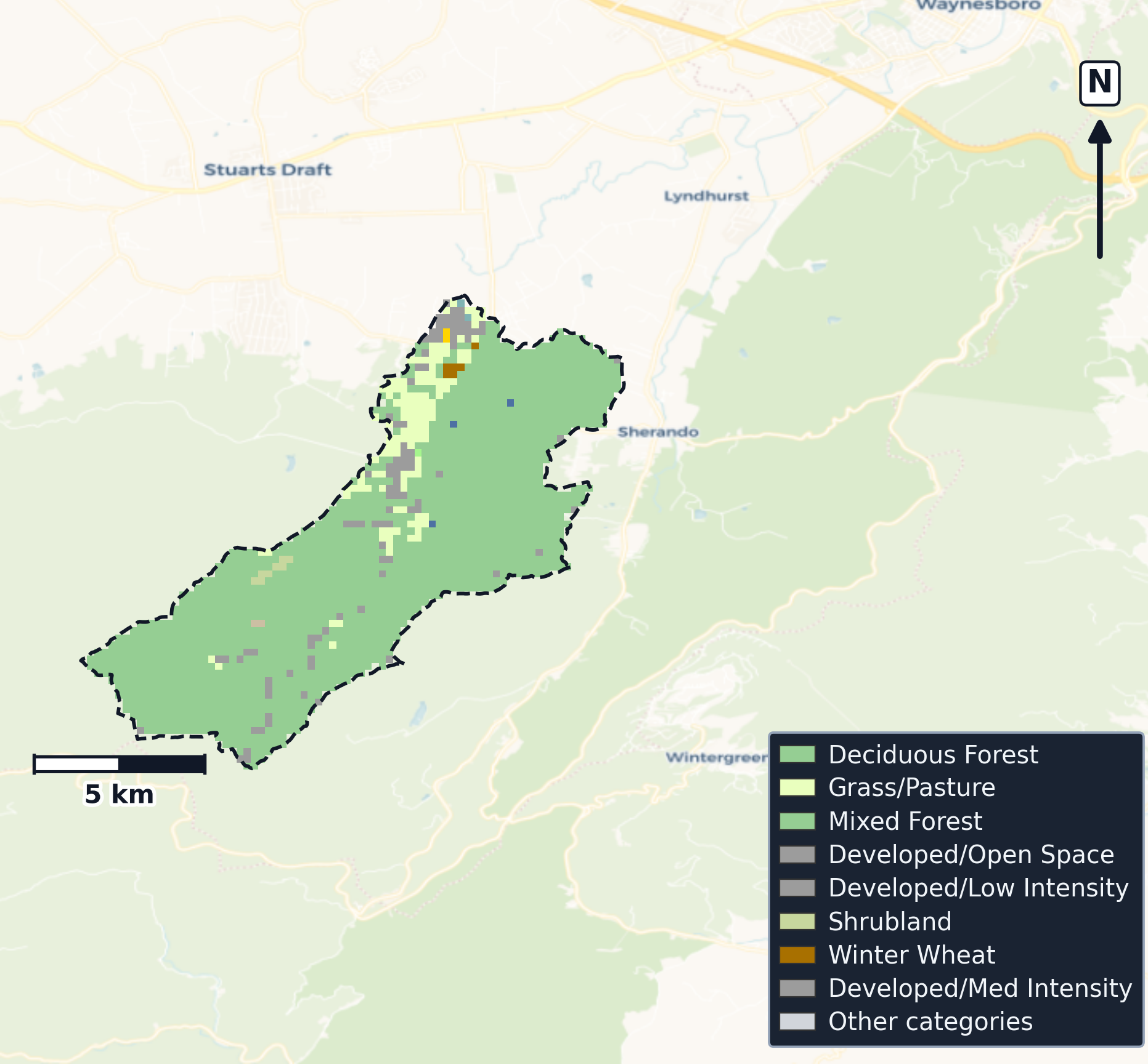 South Fork Shenandoah · Virginia — Cropland Data Layer land use, basin clip