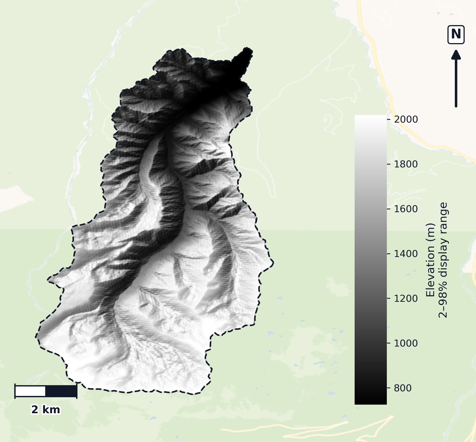 Puyallup · Washington — DEM hillshade, basin mask (same layout as flood-report maps)