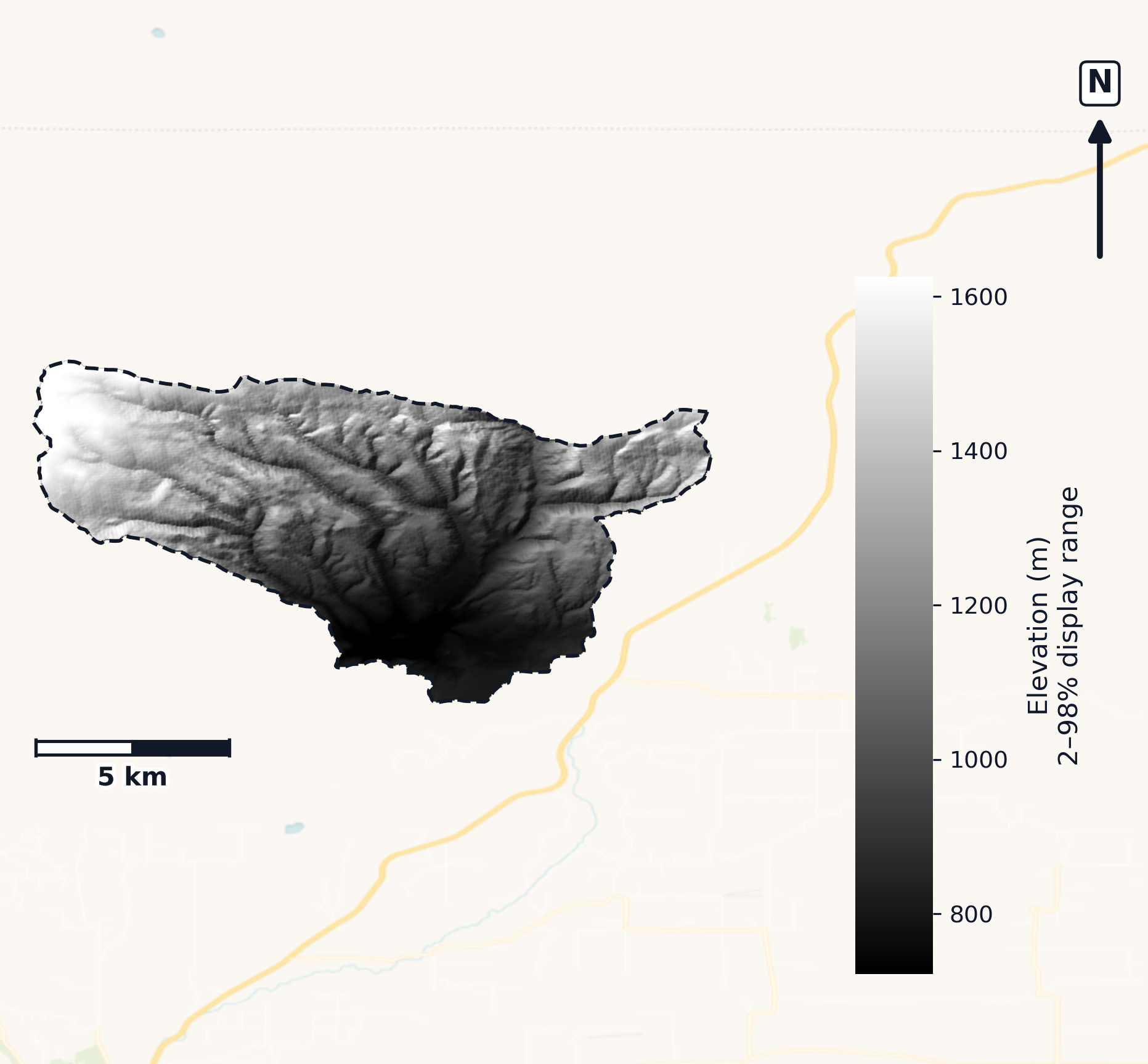 Klickitat · Washington — DEM hillshade, basin mask (same layout as flood-report maps)