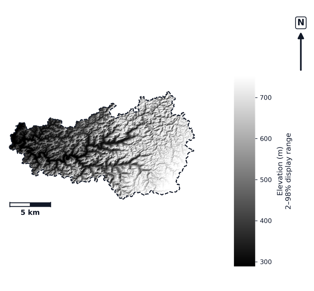 Little Kanawha · West Virginia — DEM hillshade, basin mask (same layout as flood-report maps)