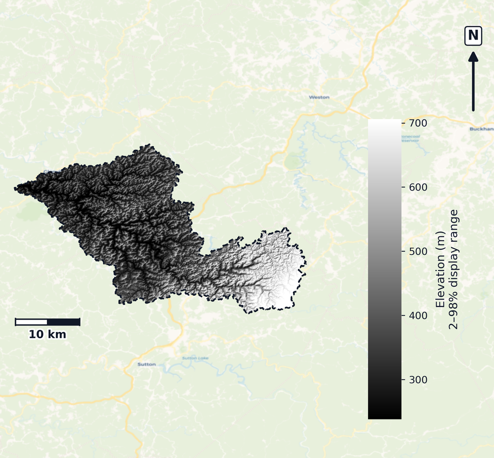 Little Kanawha · West Virginia — DEM hillshade, basin mask (same layout as flood-report maps)