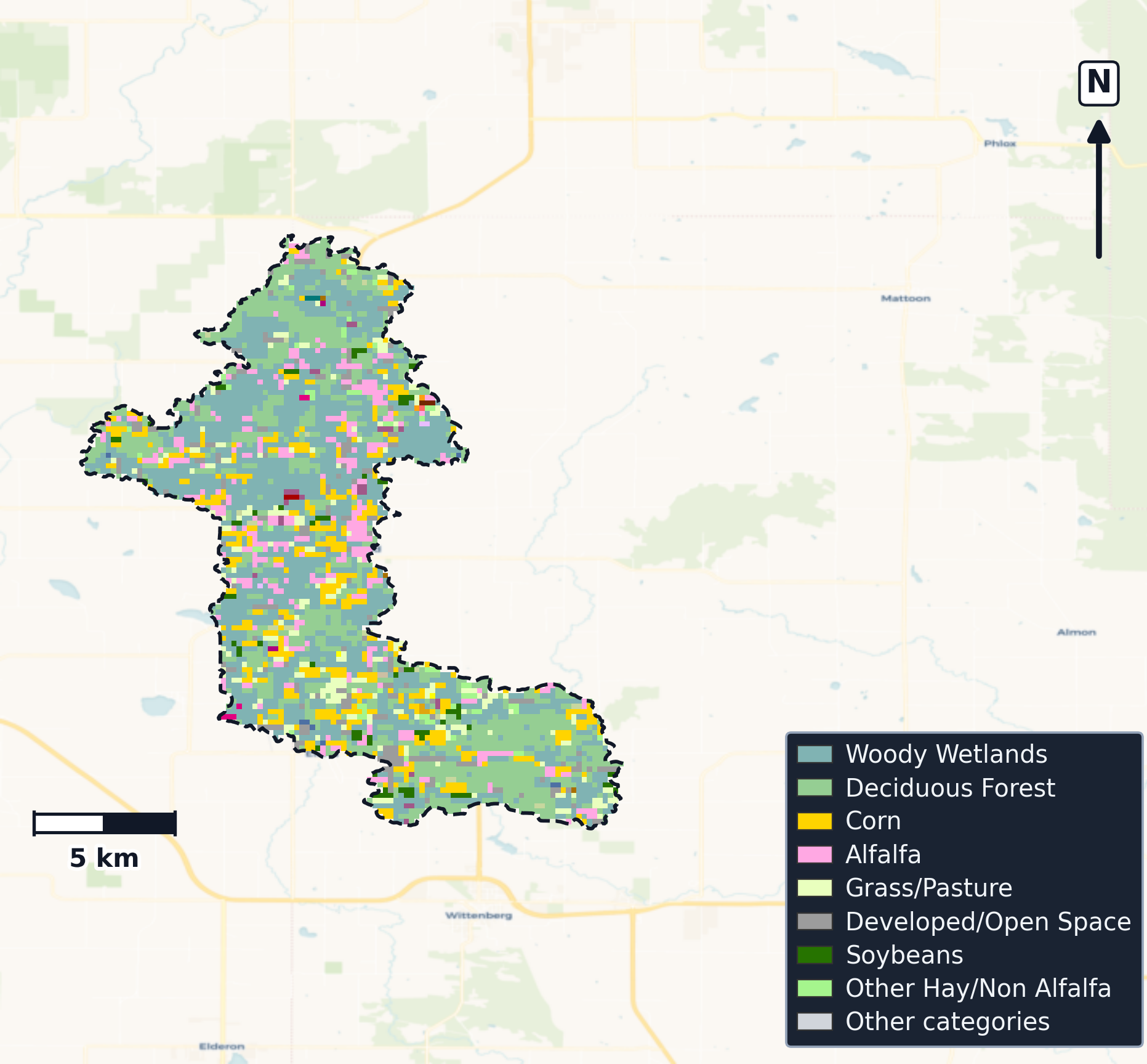 Wolf · Wisconsin — Cropland Data Layer land use, basin clip