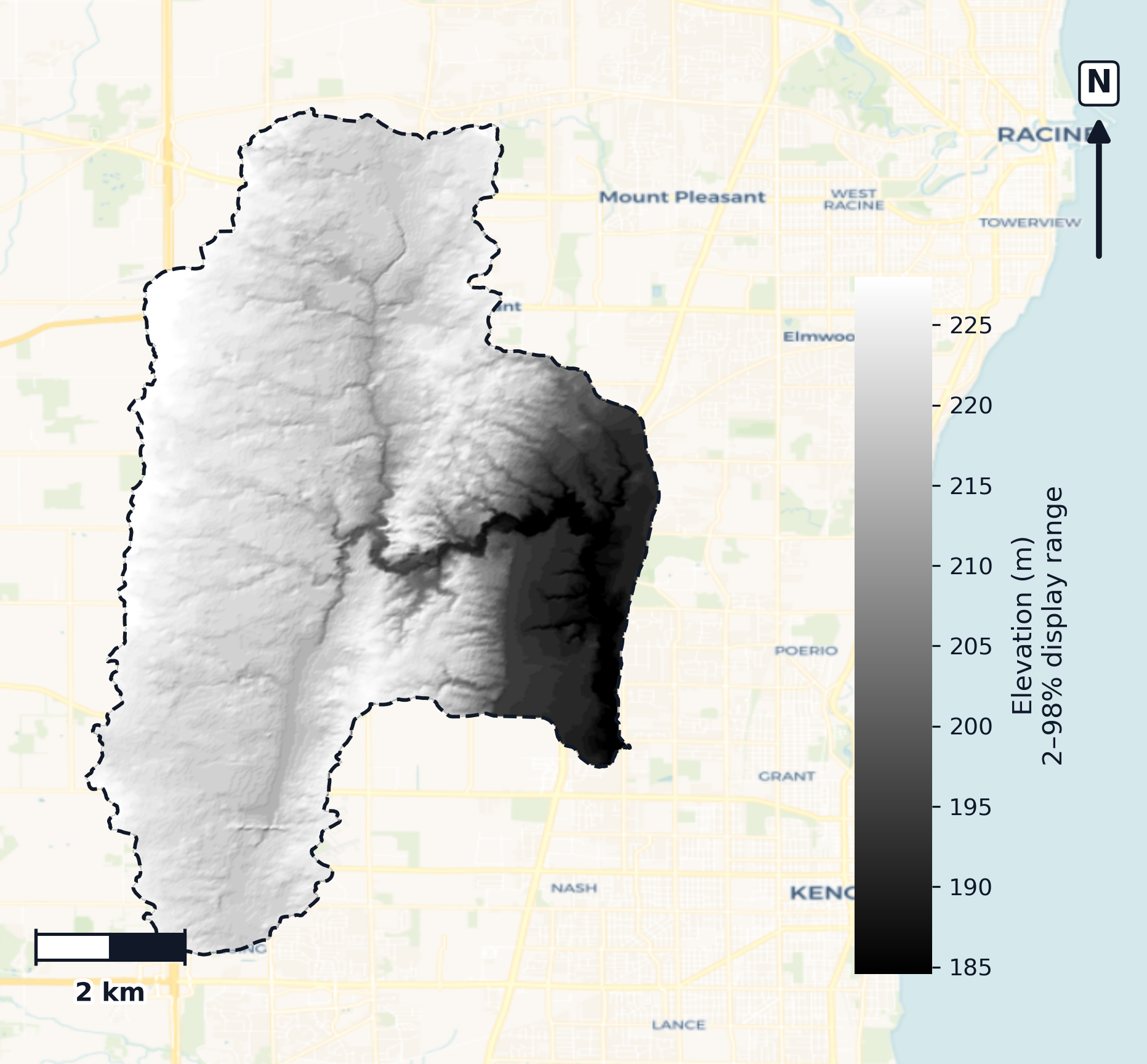 Pike-Root · Wisconsin — DEM hillshade, basin mask (same layout as flood-report maps)