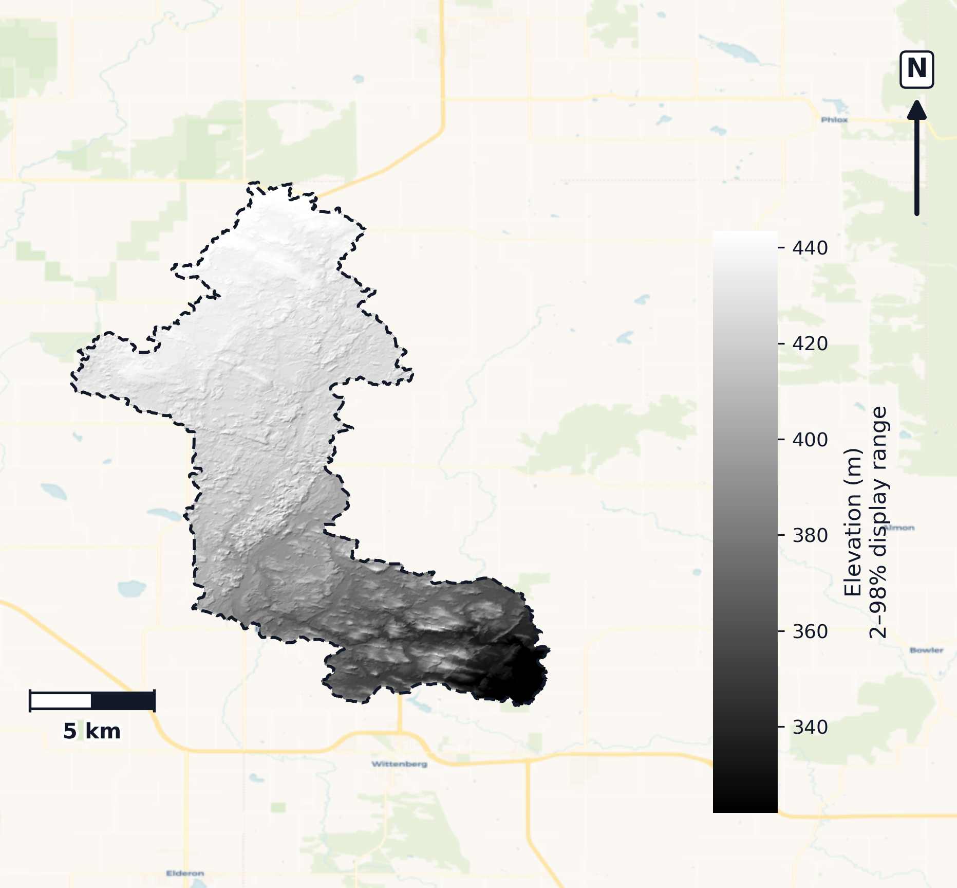 Wolf · Wisconsin — DEM hillshade, basin mask (same layout as flood-report maps)