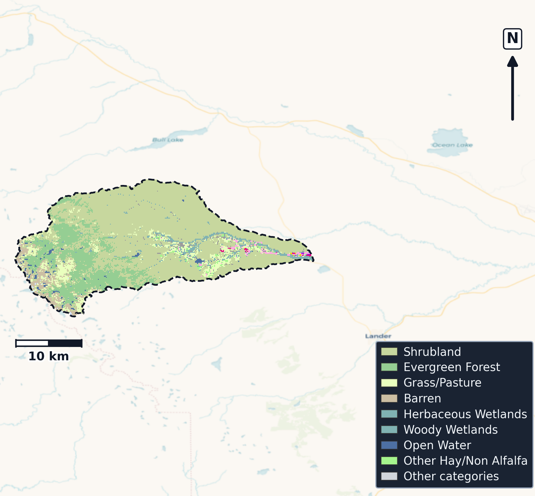Little Wind · Wyoming — Cropland Data Layer land use, basin clip