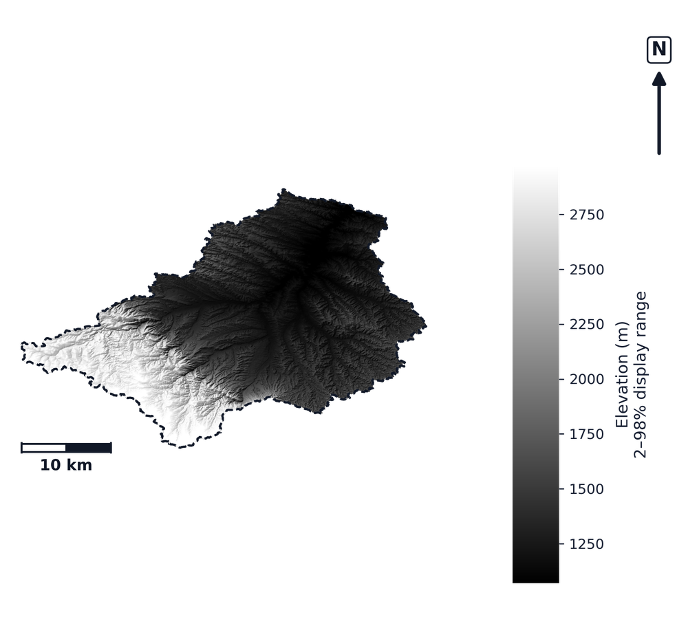 Upper Tongue · Wyoming — DEM hillshade, basin mask (same layout as flood-report maps)