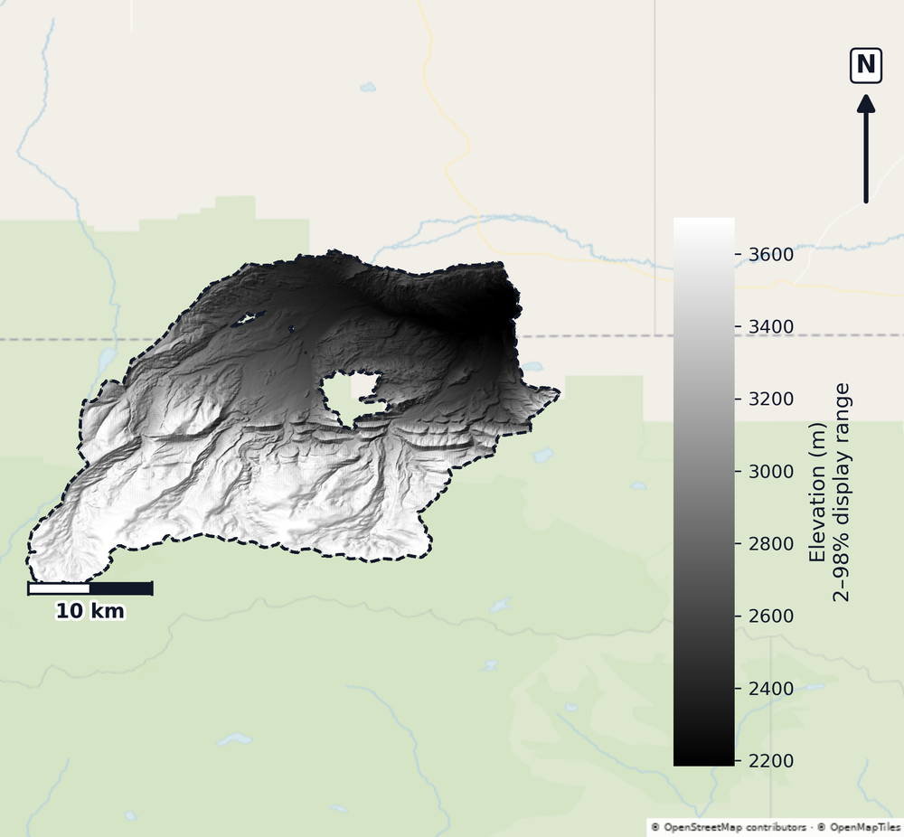 Upper Green-Flaming Gorge Reservoir · Wyoming — DEM hillshade, basin mask (same layout as flood-report maps)
