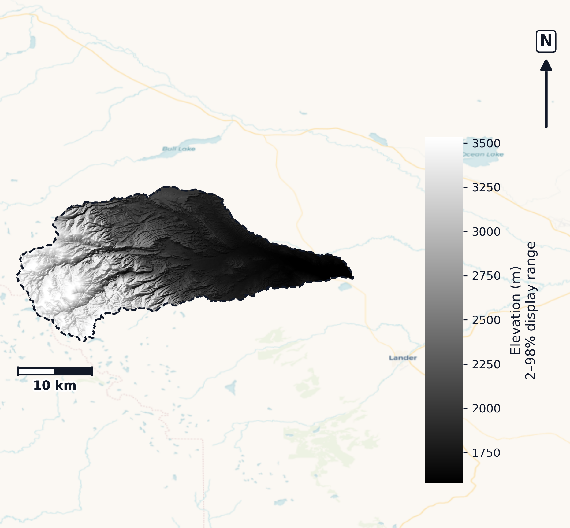 Little Wind · Wyoming — DEM hillshade, basin mask (same layout as flood-report maps)