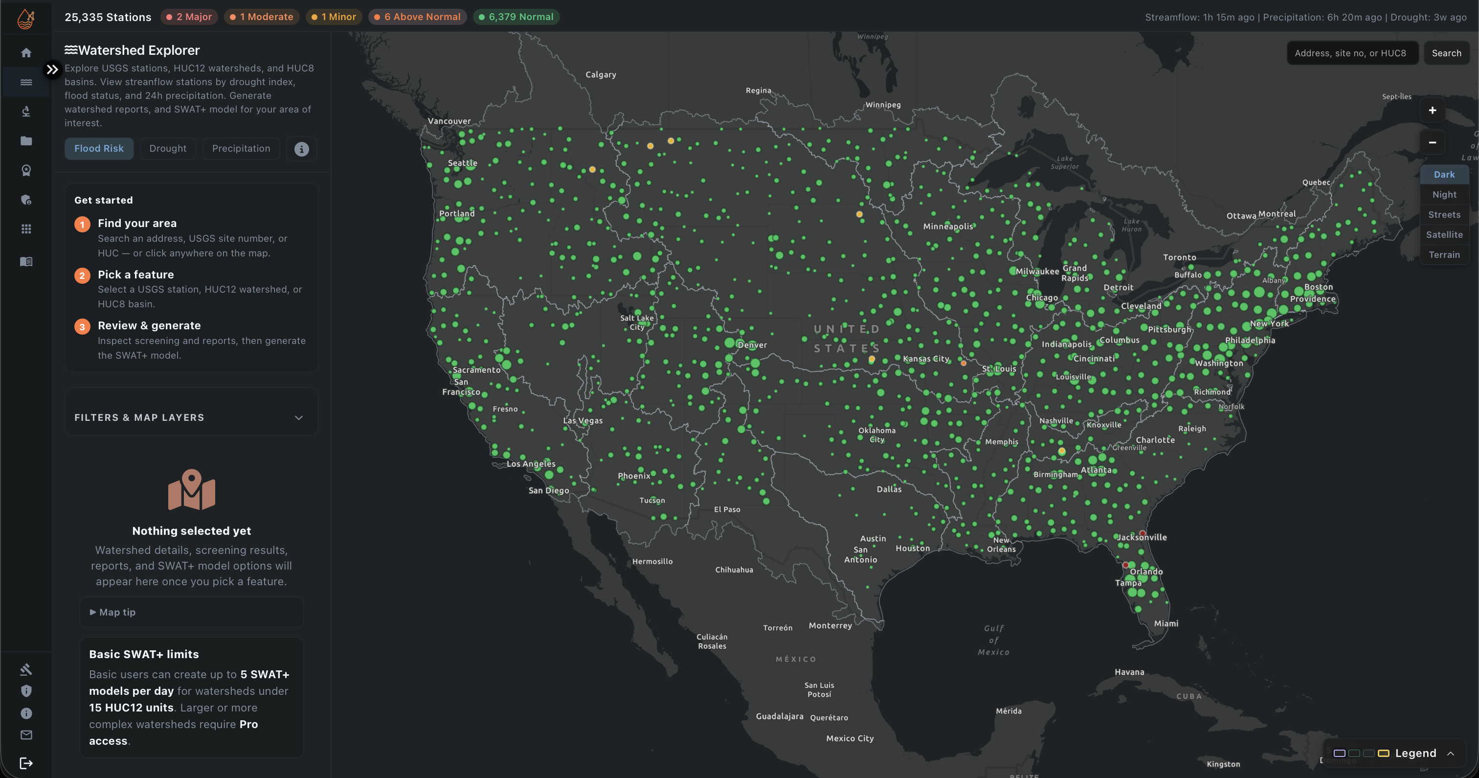 The SWATGenX Watershed Explorer: CONUS map screening with USGS stations, HUC boundaries, and live hydrologic context.