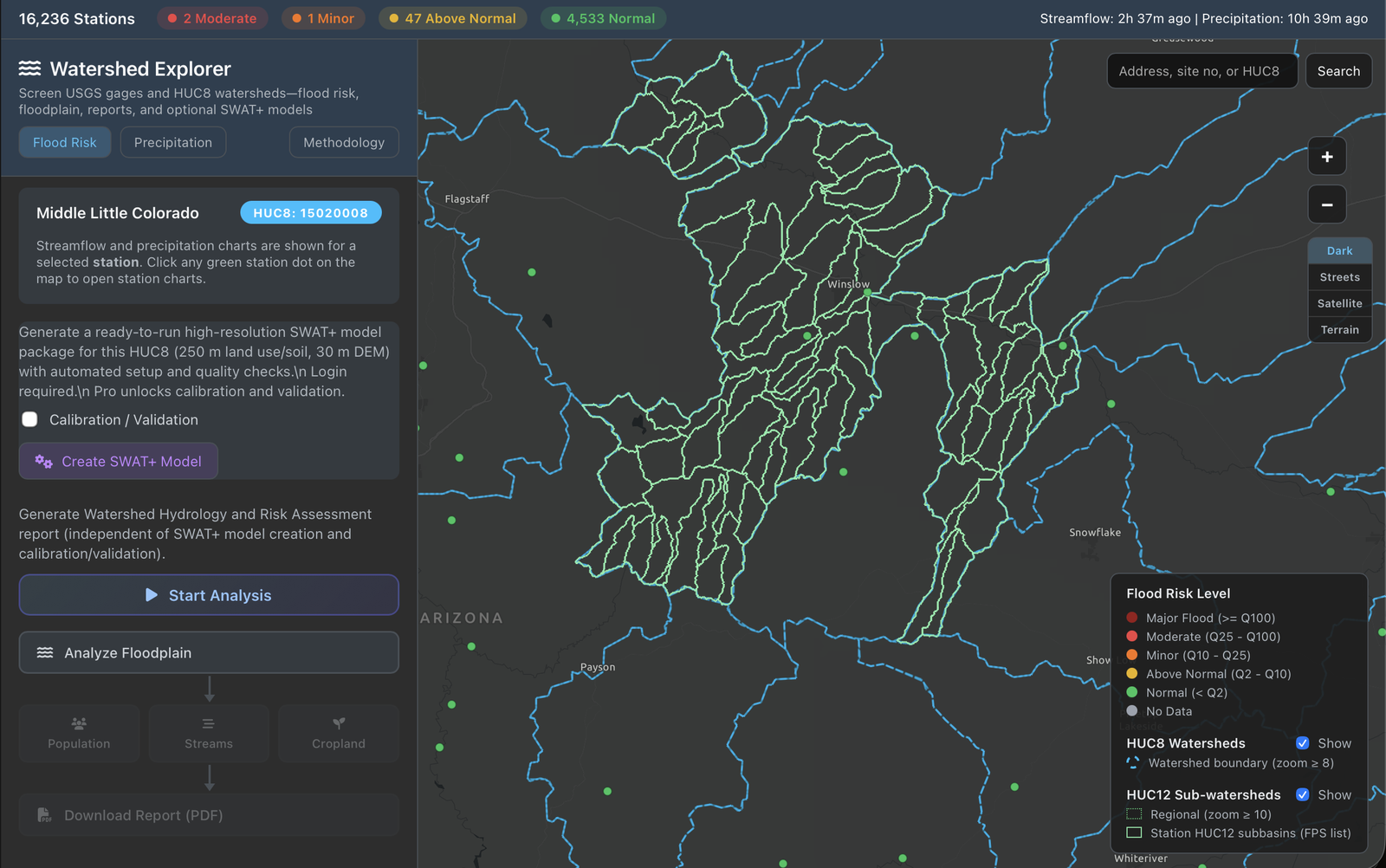 Watershed Explorer showing HUC8 basin with stream network and subbasin context