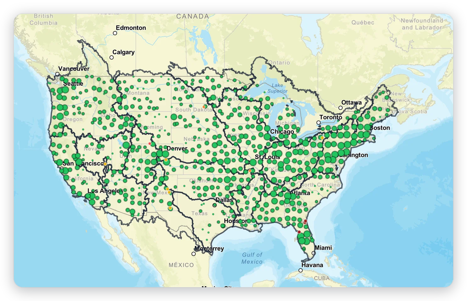 SWATGenX Watershed Explorer: USGS streamflow stations across the contiguous United States, coloured by current flood status