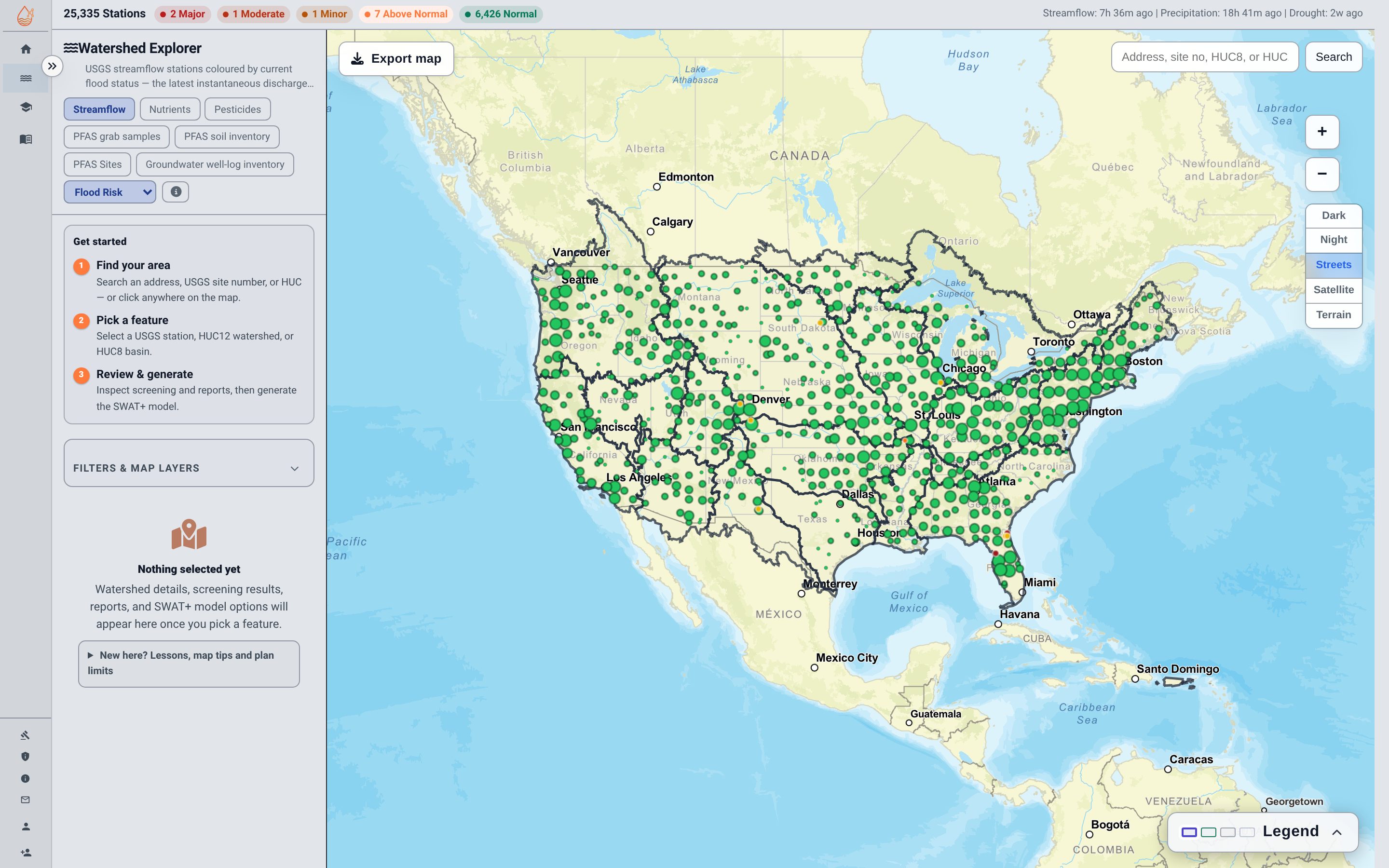 The SWATGenX Watershed Explorer showing USGS streamflow stations across the United States coloured by flood status